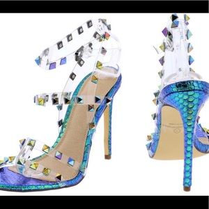 Eleanor Rose green mermaid studded open toe heel.